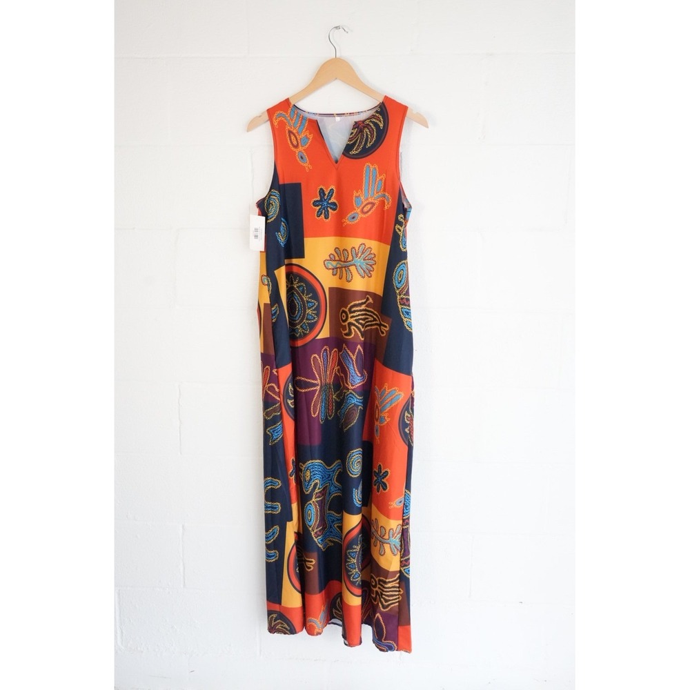 Unbranded Abstract Print Maxi Dress Women Medium‎ Orange Geometric Sleeveless